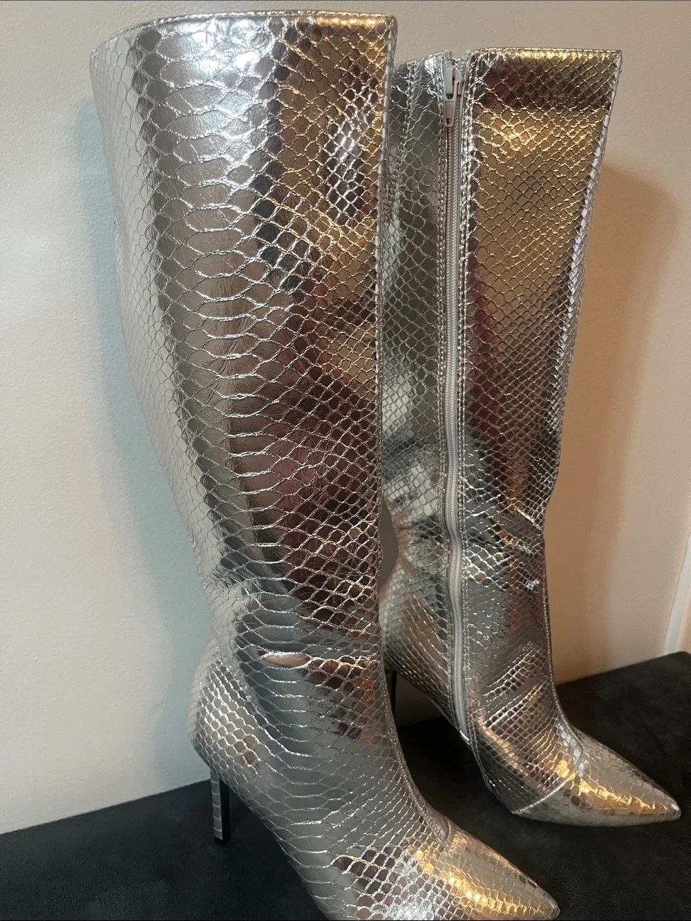 Silver Snake-Embossed Knee-High Pointed Toe Boots SZ 7.5